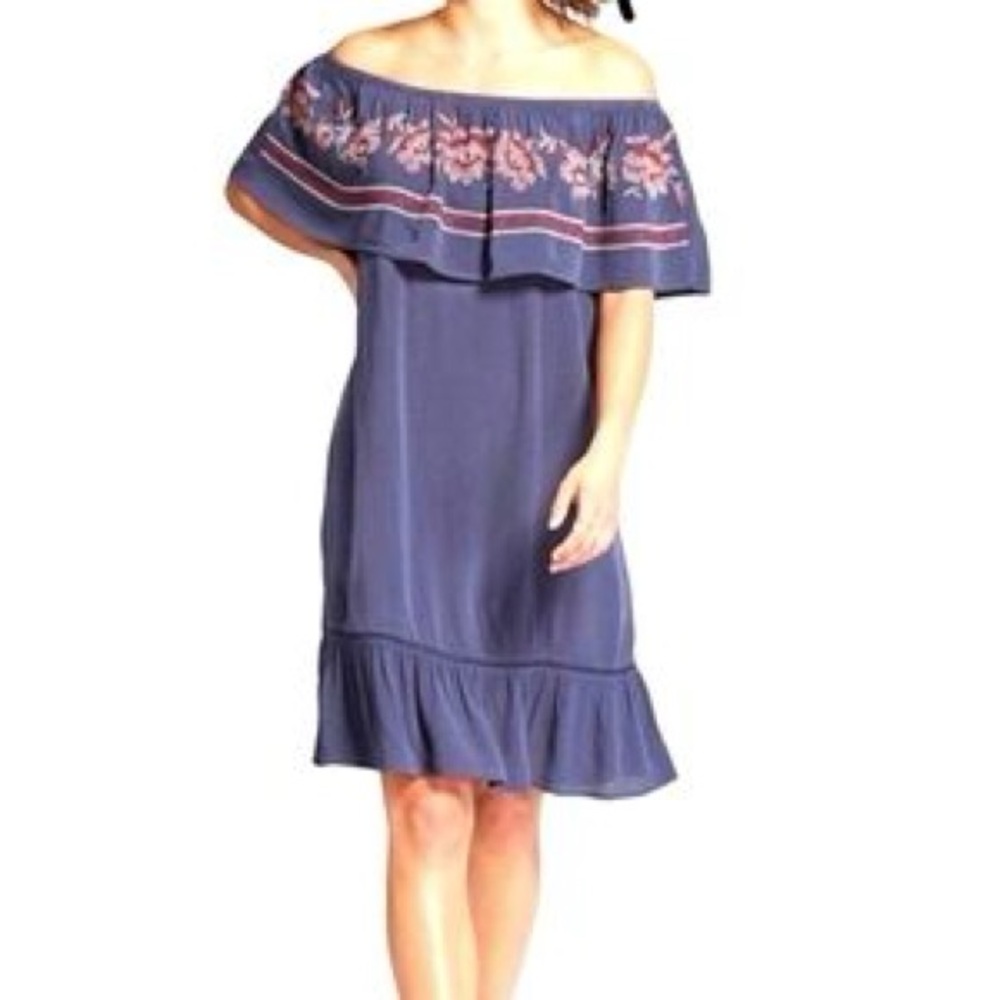 NWT Knox Rose Women's Off-Shoulder Dress Floral Embroidery‎ Blue XS